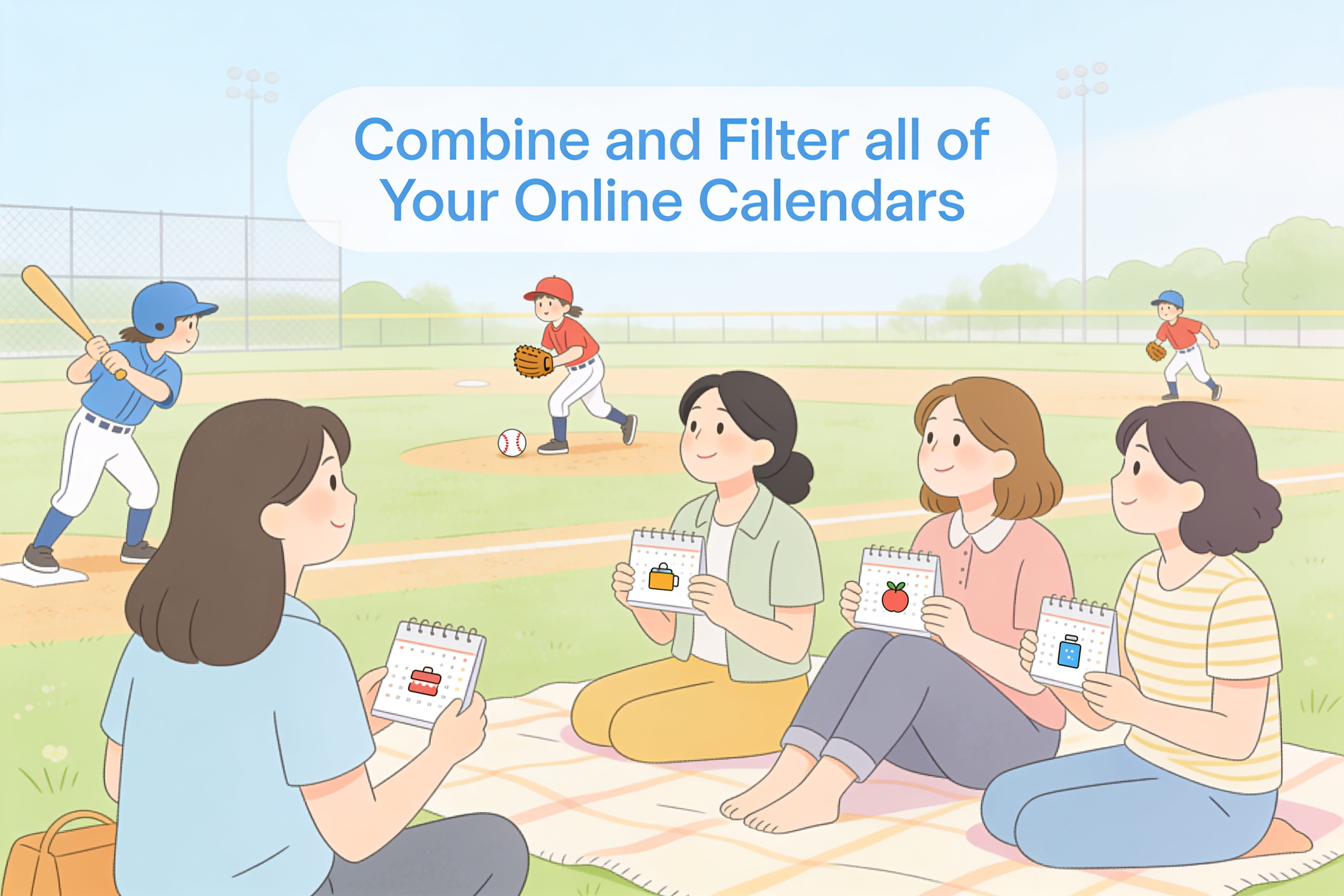 A family sitting on a baseball field's blanket, sharing calendars while a kids' game is played nearby.