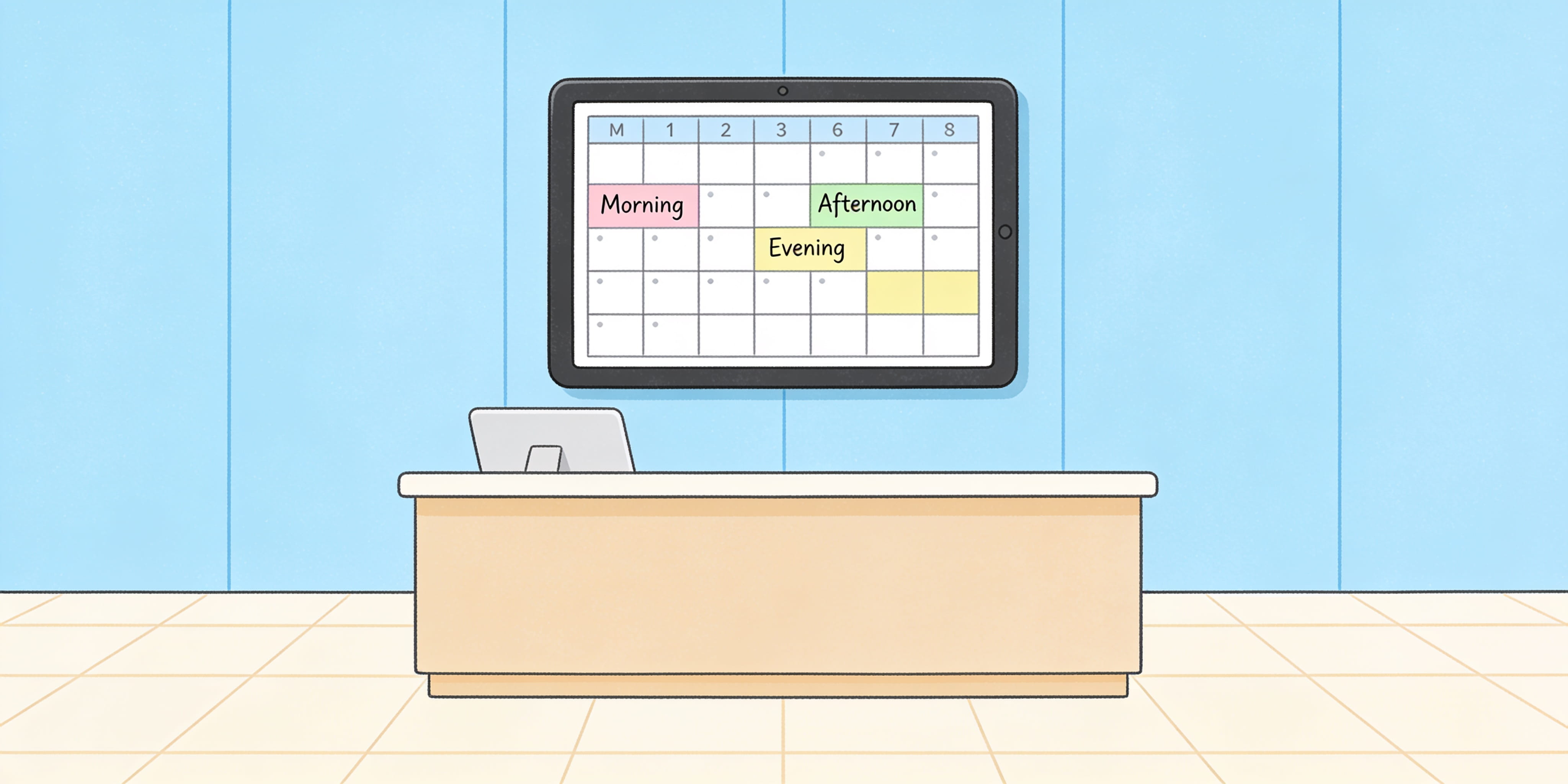 A shared staffing calendar on a tablet mounted above a front desk.