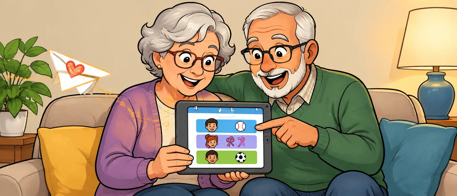 Grandma and Grandpa on the couch, smiling at a tablet that shows each grandchild's games in one calendar.