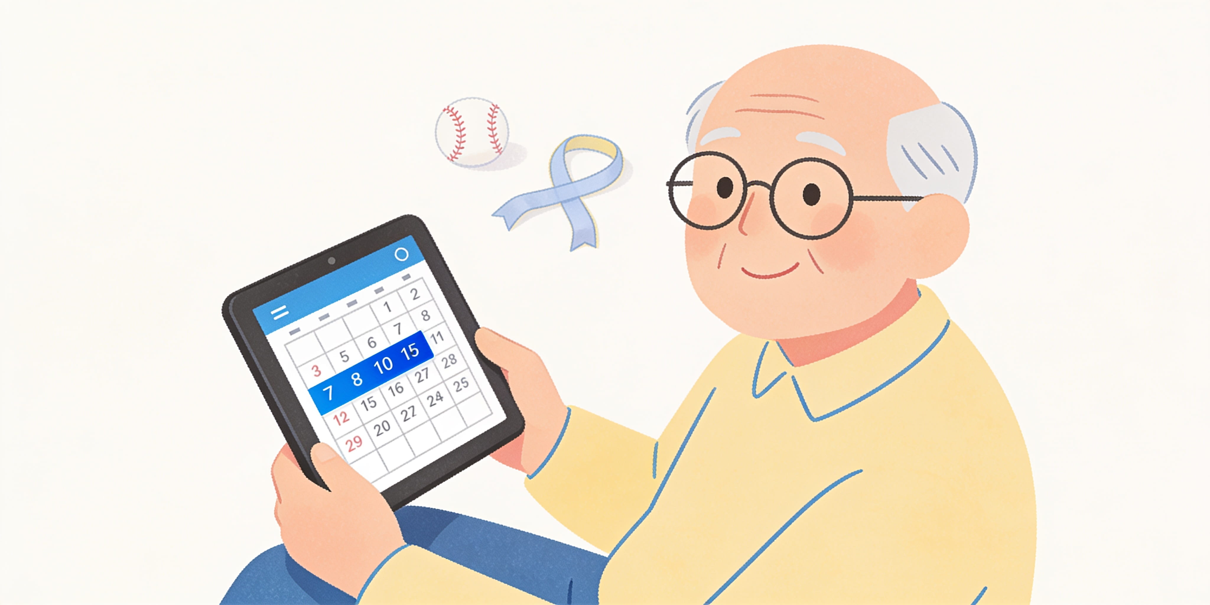 Grandpa holding a tablet showing a calendar with a highlighted game day.