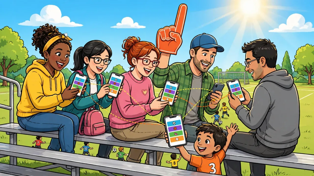 Parents cheering on the bleachers at a kids' soccer game, each holding a phone that shows the same calendar of games.